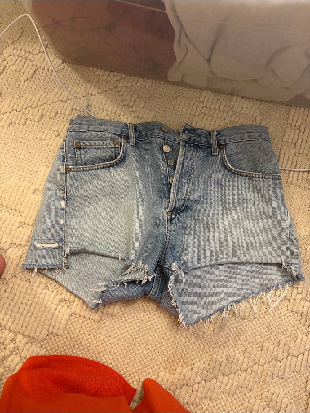 Agolde Light Blue High-Rise Distressed Denim Shorts